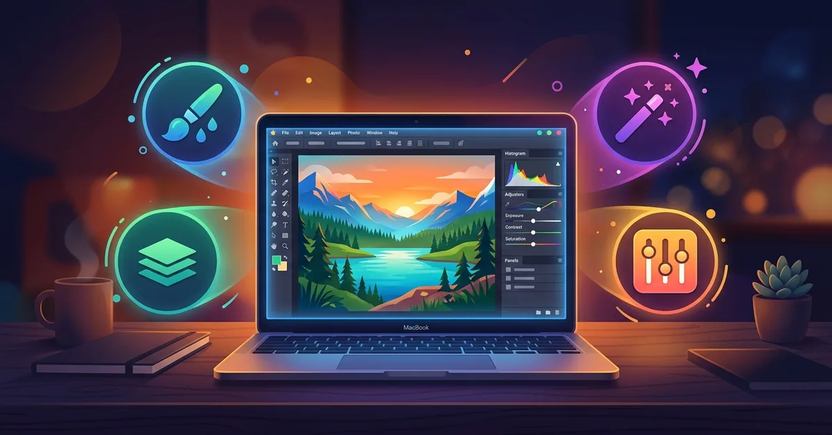 Laptop showing photo editing software with multiple beginner-friendly editor icons surrounding it