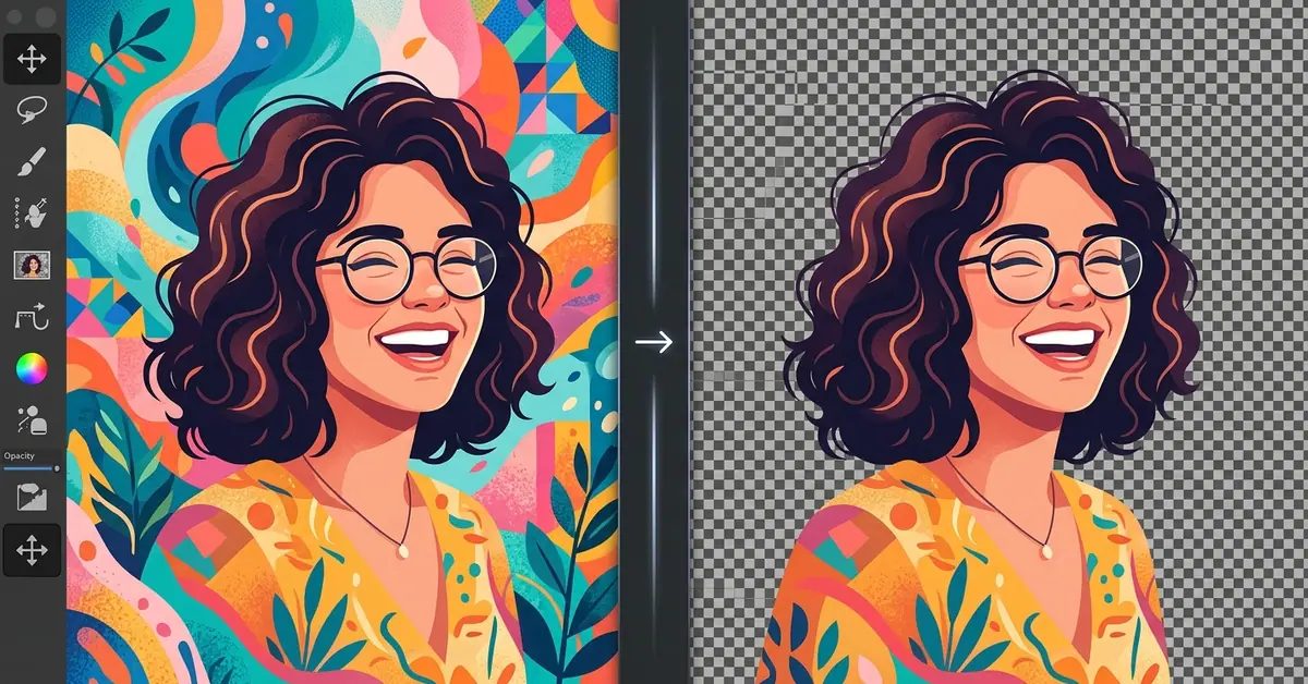 Before-and-after of removing a background in GIMP showing a transparent checkerboard backdrop
