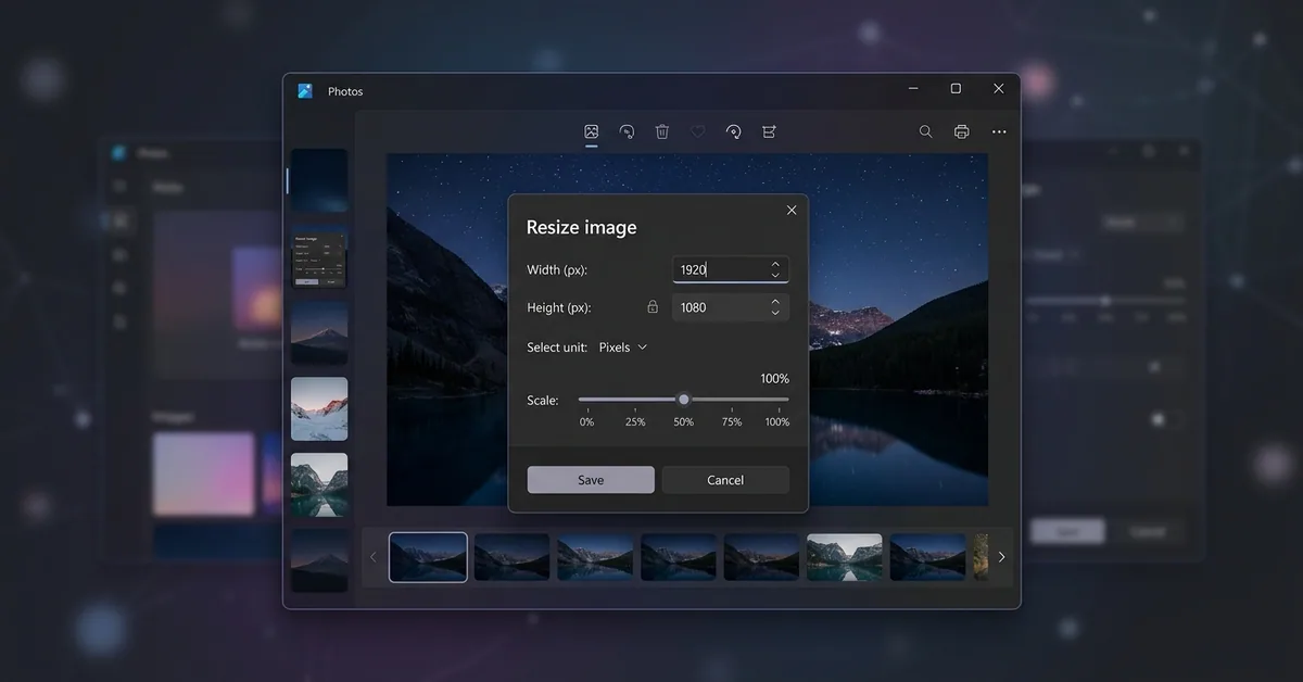 Windows 11 Photos app showing the resize dialog with pixel dimensions